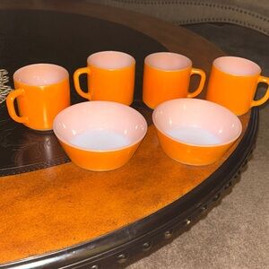 4 Vintage Federal Orange Milk Glass Coffee Cup Mug with D Handle-2 Chili Bowls